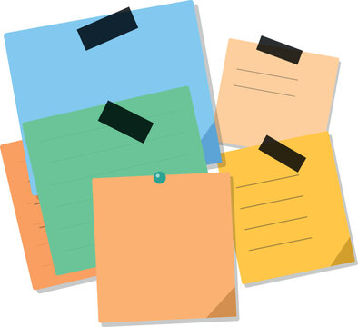 Colorful sticky notes with tape and push pin for reminders and office organization display board