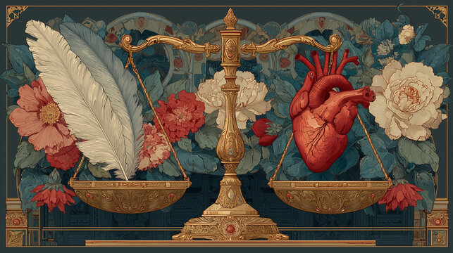 Illustration of balance scale between white feather and human heart