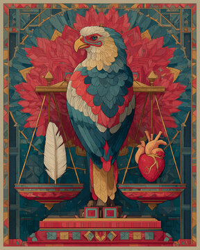 Illustration of balance scale between white feather and human heart