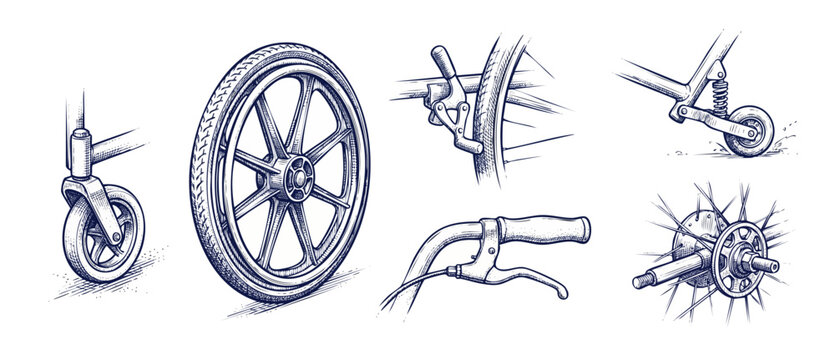 Wheelchair parts hand drawn sketch showing wheels brakes suspension. Vintage engraved line art illustrations of mobility equipment components including caster wheel, handbrake, and axle mechanism sets