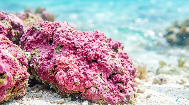 Coralline algae pink crusty rock on sandy beach by the water  