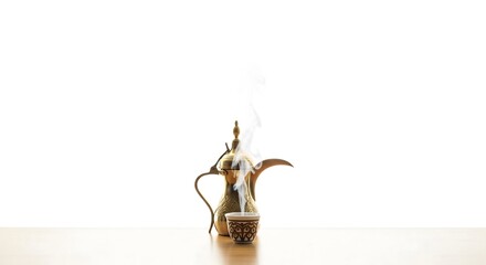 Authentic Golden Arabic Dallah Coffee Pot with Steaming Cup of Gahwa