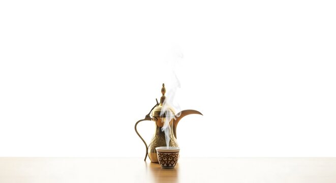 Authentic Golden Arabic Dallah Coffee Pot with Steaming Cup of Gahwa