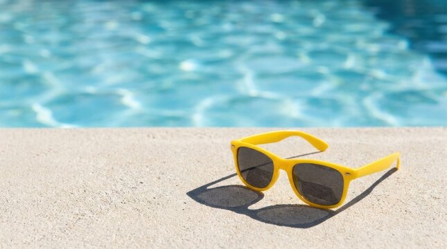 Bright yellow sunglasses resting on a sandy poolside with shimmering blue water in the background.