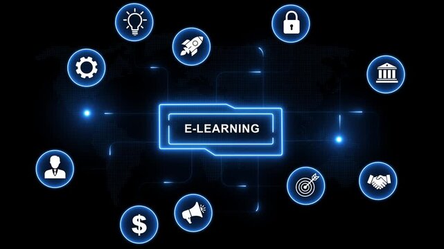 E-learning Optimization Concept with Glowing Blue and Circuit Board for Digital Marketing and Online Business Strategy. Motion Graphic concept. animation