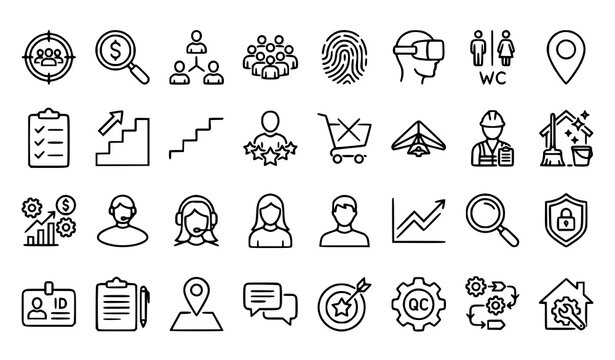 Thin Line Business and Utility Icons Set with Target Audience Team Fingerprint and Home Cleaning Symbols