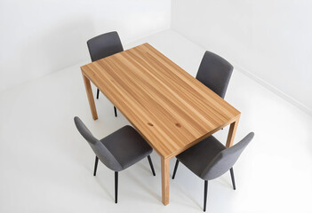 Fototapeta premium Minimalist wooden dining table with four gray chairs
