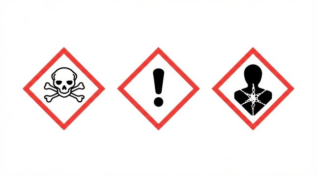 Labels show chemical hazard symbols for health risks and other dangers as required for safety compliance in workplaces and laboratories
