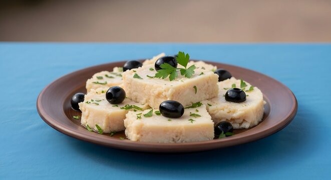 Traditional Venetian whipped salt cod baccala mantecato appetizer with black olives