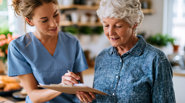 Over the shoulder view of an occupational therapist with a checklist guiding an independent senior woman through a bright home safety assessment accessibility evaluation concept