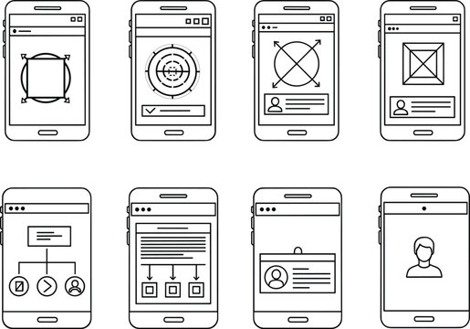 Minimalist vector line art icon set of smartphone user interface wireframing design process and web development workflow layouts