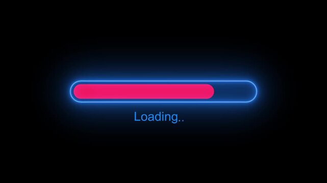 Neon glowing loading bar with and blue neon border on black background...