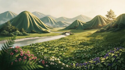 Fototapeta premium Sunlit green mountain valley landscape with a flowing river and flowers