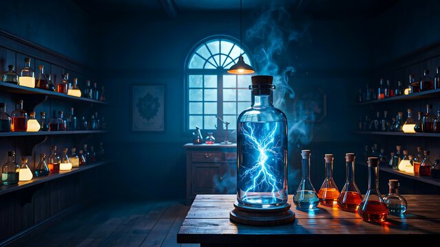 Mystical glowing potion bottle in magical alchemy laboratory with fantasy atmosphere