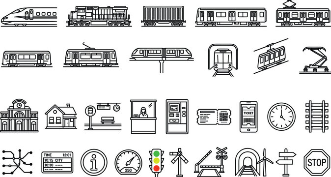Minimalist vector line art icon set of train transportation railway logistics infrastructure and public transit navigation elements