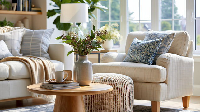 Accessible senior friendly living room with generous clear walking space between light furniture and bright daylight from tall windows barrier free interior concept aging
