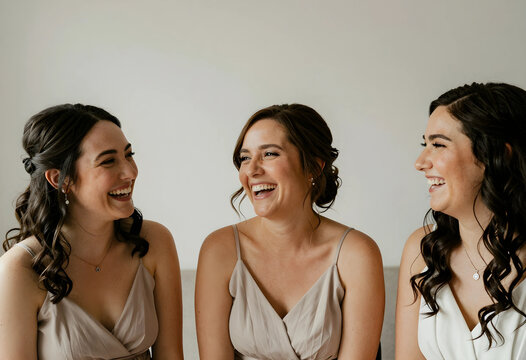 Three bridesmaids laughing together indoors