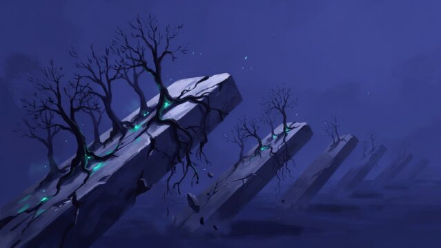 Surreal digital illustration of floating stone monoliths with glowing magical energy