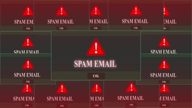 Spam Email  Alert Warning Error Window Pop-up Notification Box On Black Screen. digital Glitch Computer Monitor screen. 4k video animation on black background.