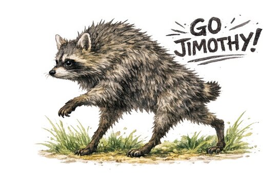 A famous raccoon named Jimothy, with a congenital spine condition, runs energetically through the grass, while the phrase "Go Jimothy!" adds a playful touch to the watercolor scene