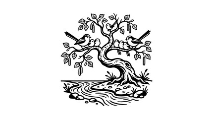 Obraz premium Stylized Tree with Birds and River Illustration.