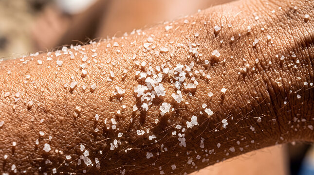 Close-up of salty skin texture after beach swim. Macro shot of human epidermis with mineral crystals and moisture droplets.