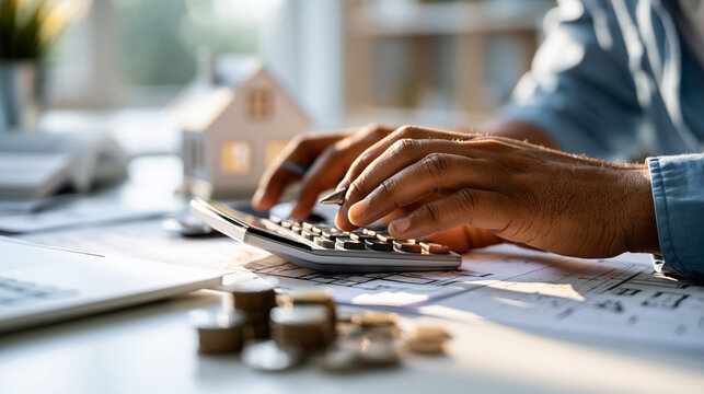 Cropped view of hands with a calculator beside a house model renovation sketches and coins on a bright white desk accessible renovation budgeting concept aging in place