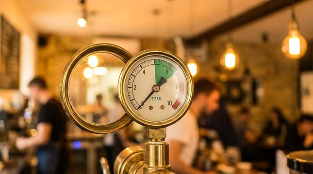 Brass pressure gauge on espresso machine in cafe.