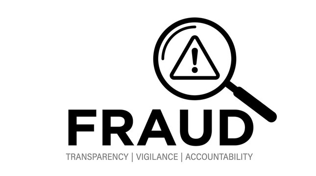 Fraud prevention concept with magnifying glass and warning sign, transparency and vigilance business icons, financial crime investigation graphic