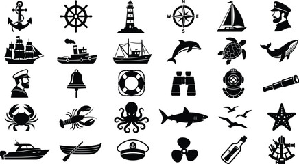 Solid black vector glyph icon set of nautical maritime shipping marine life and ocean navigation elements © Md
