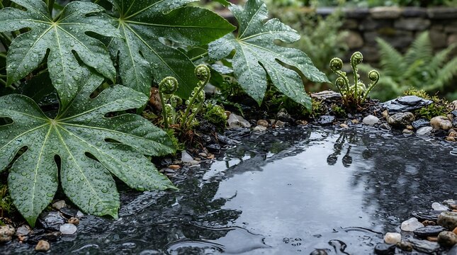 Rainy garden scene with water droplets on large green leaves and fern fiddleheads near a small pond