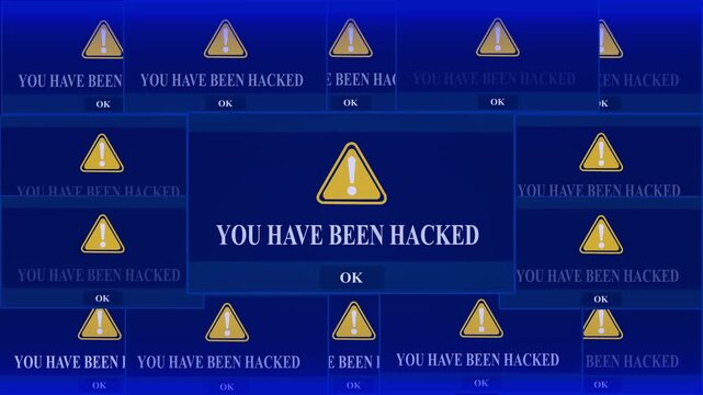 You Have been Hacked Alert Warning Error Window Pop-up Notification Box On Black Screen. digital Glitch Computer Monitor screen. 4k video animation on black background.