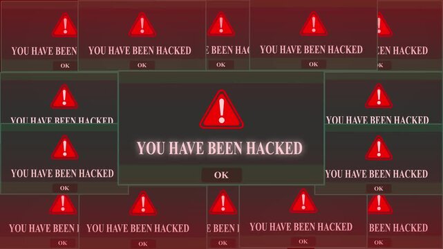 You Have been Hacked Alert Warning Error Window Pop-up Notification Box On Black Screen. digital Glitch Computer Monitor screen. 4k video animation on black background.