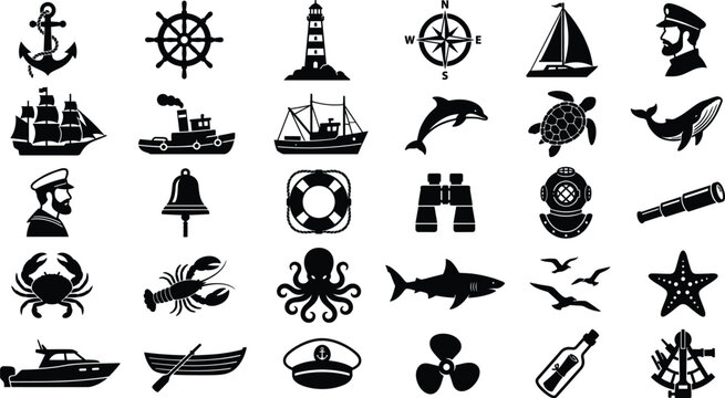 Solid black vector glyph icon set of nautical maritime shipping marine life and ocean navigation elements
