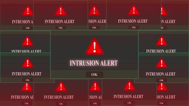 Intruder Alert Warning Error Window Pop-up Notification Box On Black Screen. digital Glitch Computer Monitor screen. 4k video animation on black background.