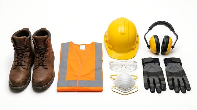 Personal protective equipment set for construction workers isolated on white background