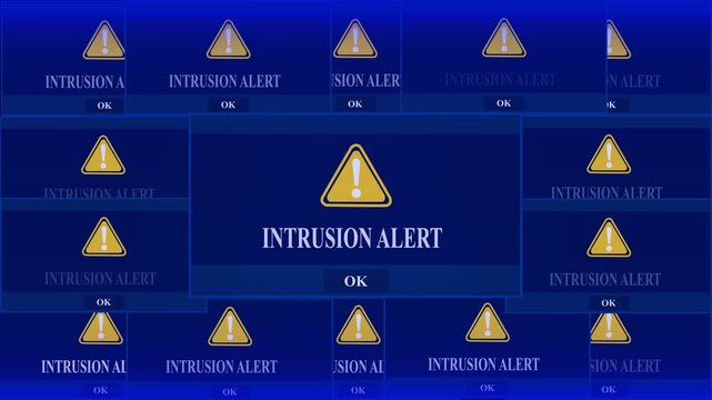 Intruder Alert Warning Error Window Pop-up Notification Box On Black Screen. digital Glitch Computer Monitor screen. 4k video animation on black background.