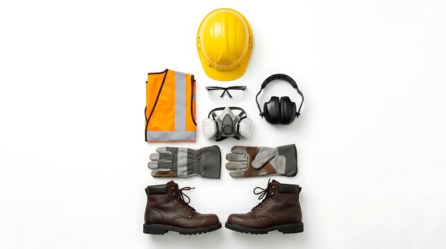 Personal protective equipment set for construction workers isolated on white background