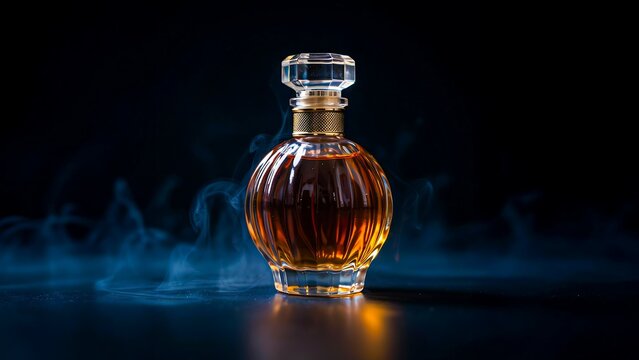 Elegant luxury perfume bottle with glowing reflections on dark smoky background