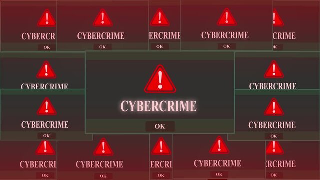 Cybercrime Alert Warning Error Window Pop-up Notification Box On Black Screen.igital Glitch Computer Monitor screen. 4k video animation on black background.