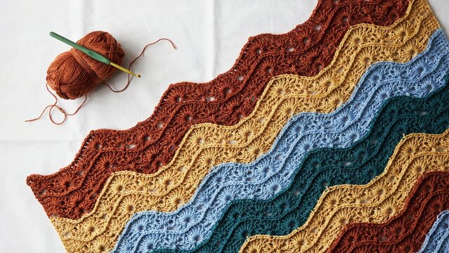 Colorful crochet ripple pattern fabric with yarn ball and hook on white background representing handmade textile craft design