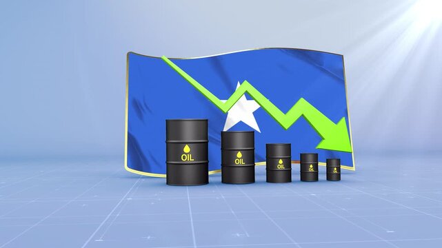 Somalia Oil Price Falling with Oil Barrels Downward Green Arrow and 3D Financial Data Visualization Graphs for Economy and Business Concept
