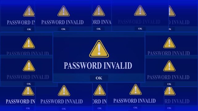 Invalid Alert  Alert Warning Error Window Pop-up Notification Box On Black Screen. Digital Glitch Computer Monitor screen. 4k video animation on black background.	