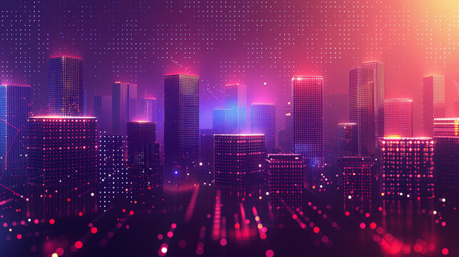 Futuristic cityscape with neon lights and skyscrapers.