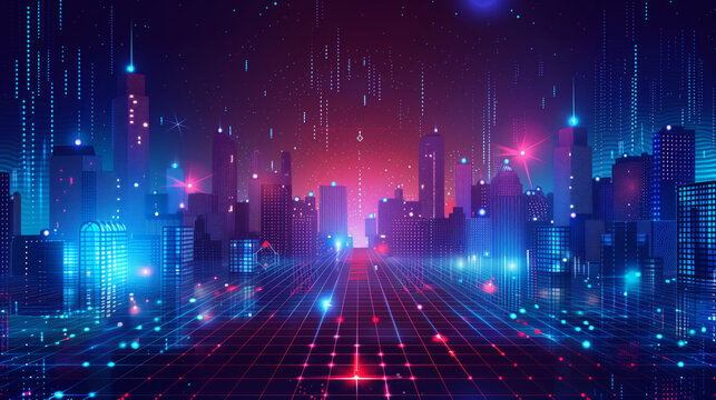 **Futuristic cityscape with glowing neon lights and skyline**.