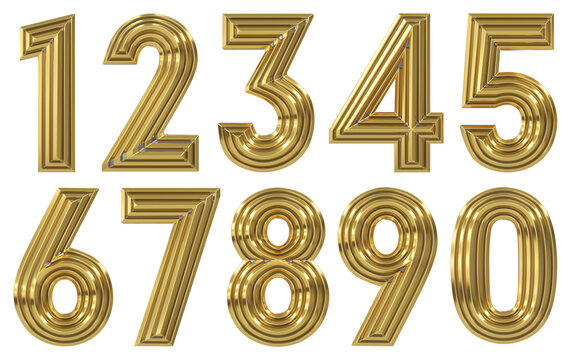 Set of gold ribbed metallic numbers from zero to nine. 3d illustration transparent background