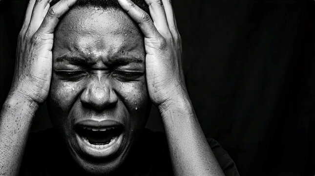 Dramatic black and white close up portrait of a man expressing intense emotional pain and agony, screaming with hands on head against a dark background, representing mental health crisis.