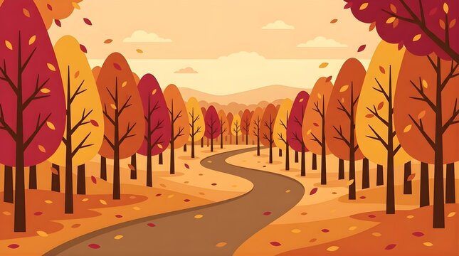 Beautiful Autumn Forest Landscape with Winding Road and Falling Leaves