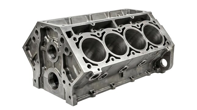Clean aluminum V8 engine cylinder block on white.
