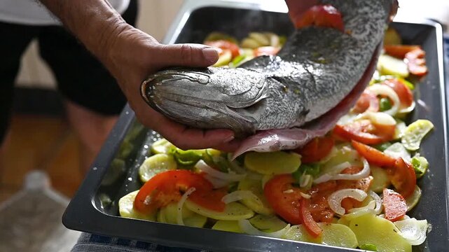 Stuffed whole meagre fish with tomato and pepper filling placed over roasted potatoes and vegetables for Mediterranean oven baked seafood dinner